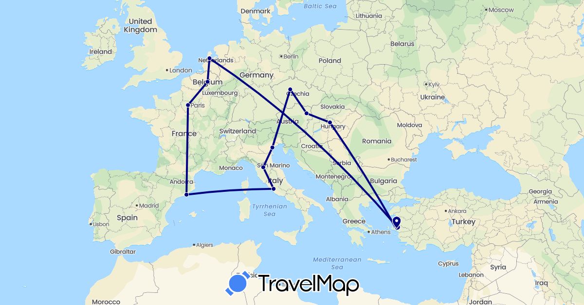 TravelMap itinerary: driving in Austria, Belgium, Czech Republic, Spain, France, Hungary, Italy, Netherlands, Turkey (Asia, Europe)
